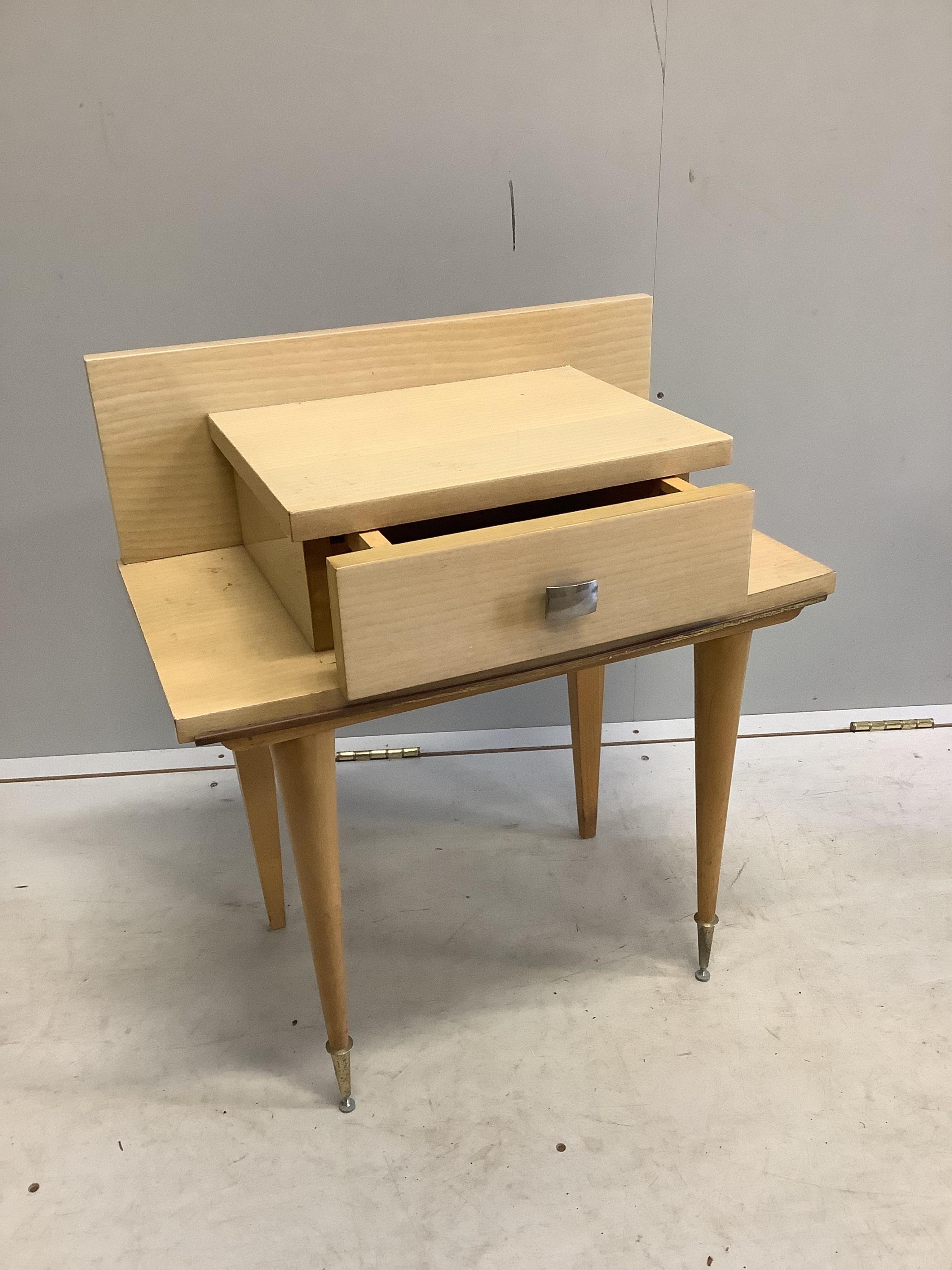 A pair of mid century French bedside tables, width 54cm, depth 32cm, height 60cm together with a pair of matching single bedframes. Condition - fair